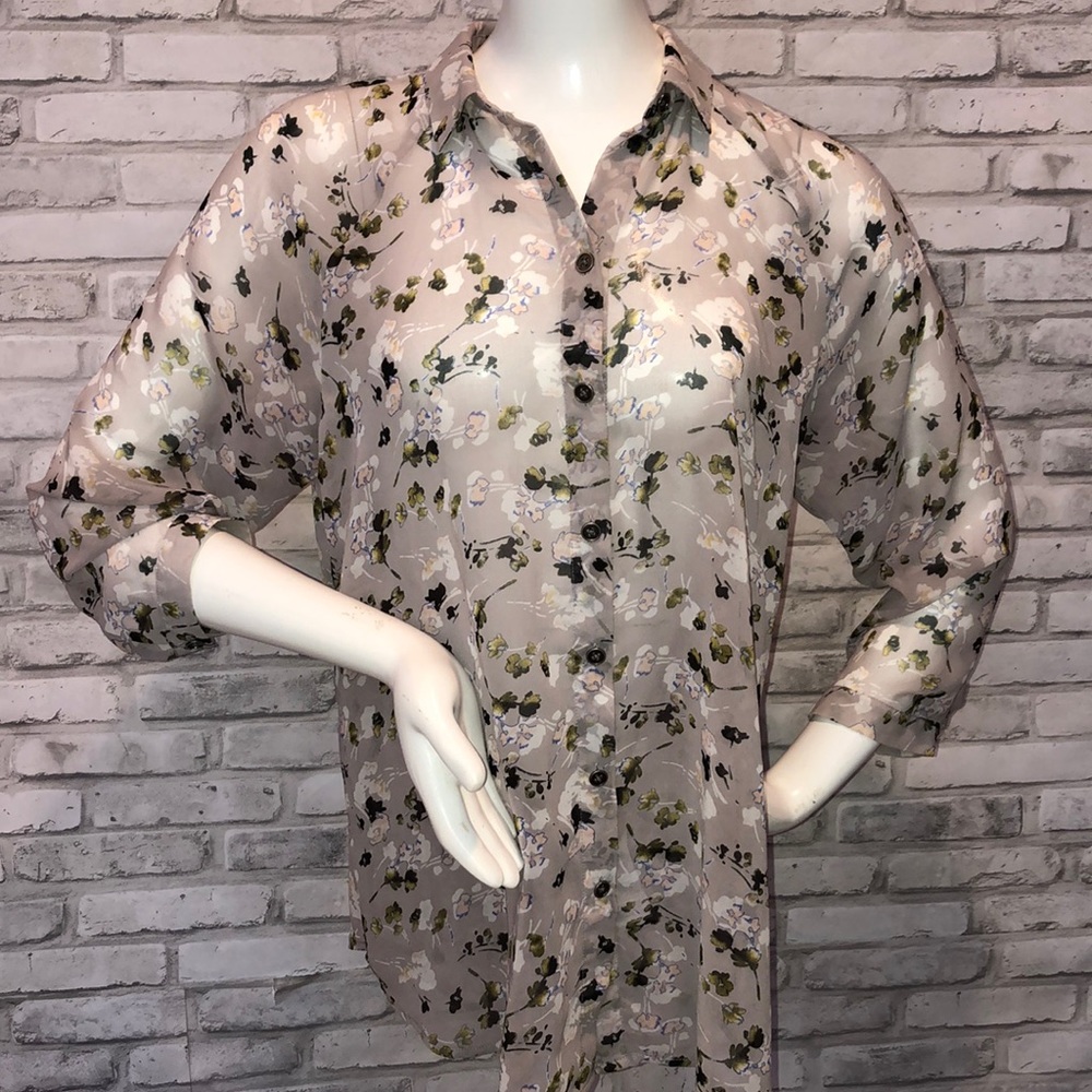Cabi sheer button front collared 3/4 sleeve top blouse floral taupe olive office